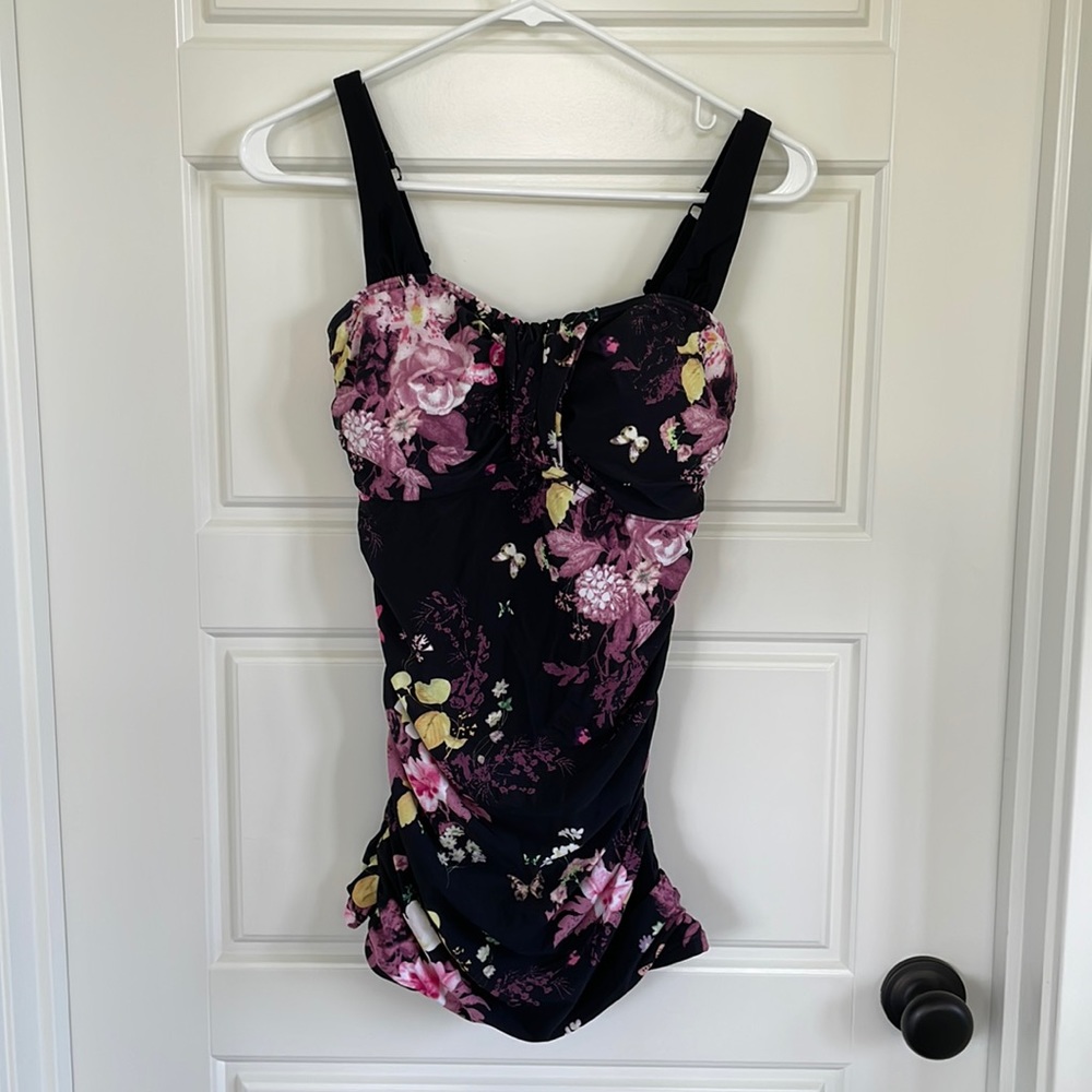 DM Fashion Ruched Bandeau Tankini Top Black Floral Medium M